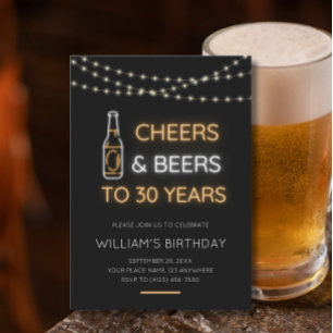 Cheers & Beers Neon Sign 30th Adult Birthday Photo Invitation