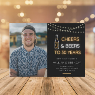 Cheers & Beers Neon Sign 30th Adult Birthday Photo Invitation