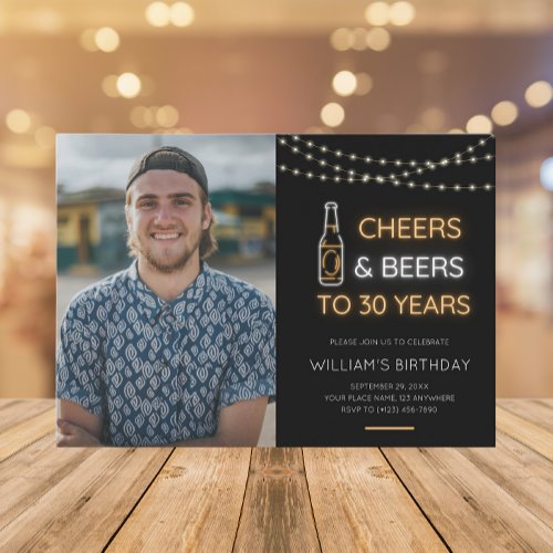 Cheers  Beers Neon Sign 30th Adult Birthday Photo Invitation