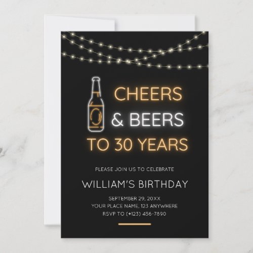 Cheers  Beers Neon Sign 30th Adult Birthday Photo Invitation