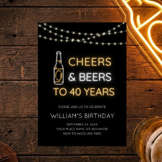 Cheers & Beers Neon Sign 40th Adult Birthday Photo Invitation