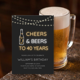 Cheers & Beers Neon Sign 40th Adult Birthday Photo Invitation