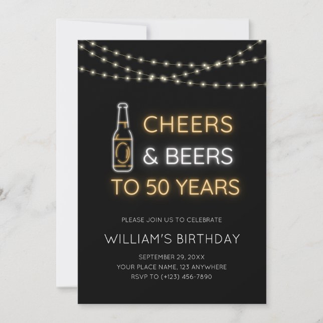 Cheers & Beers Neon Sign 50th Adult Birthday Photo Invitation (Front)