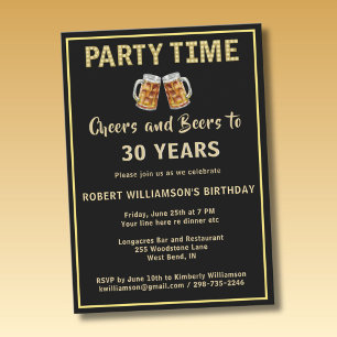 Cheers & Beers Party Time 30th (Any Year) Birthday Invitation