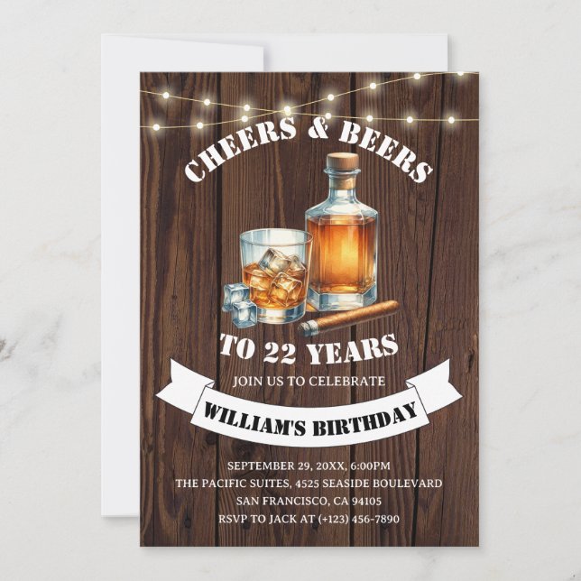 Cheers & Beers Rustic 22nd Country Birthday Party Invitation (Front)