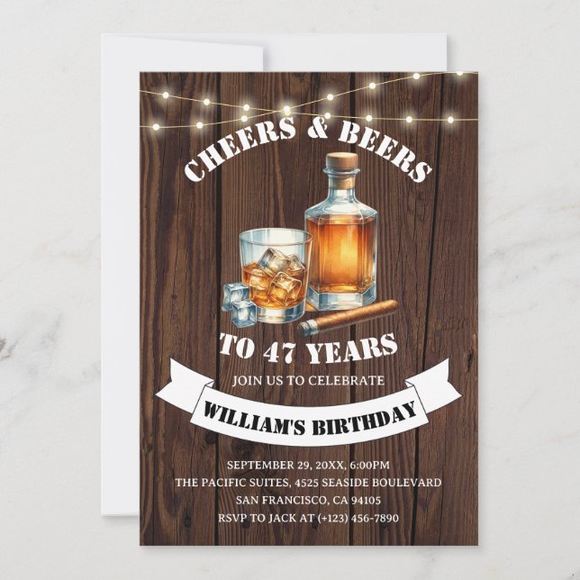Cheers & Beers Rustic 47th Country Birthday Party Invitation (Front)