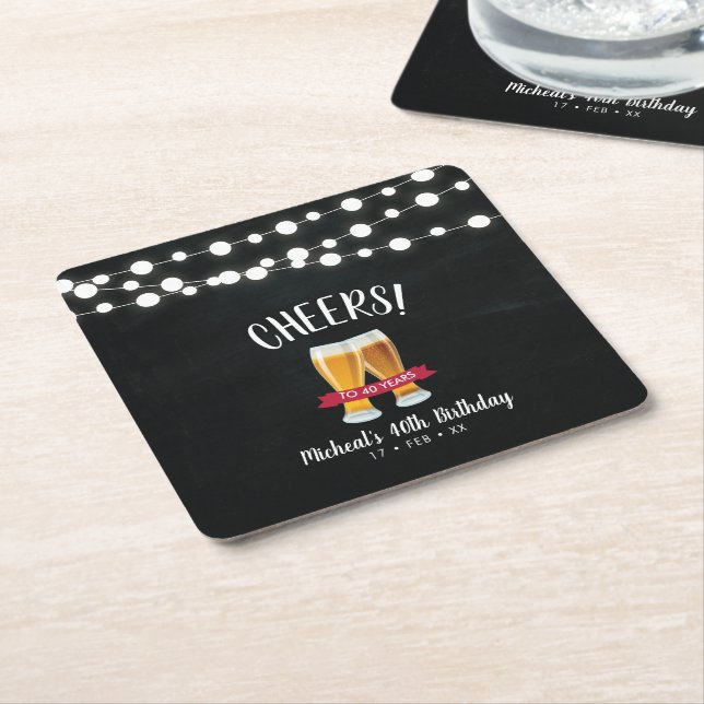 Cheers Beers | Rustic Adult 40th Birthday Party Square Paper Coaster (Angled)