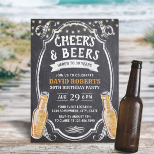 Cheers & Beers Rustic Chalkboard 30th Birthday Invitation