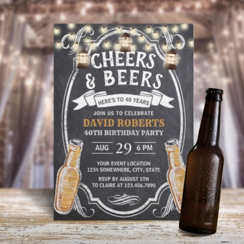 Cheers  Beers Rustic Chalkboard 40th Birthday Invitation
