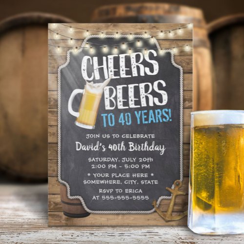 Cheers  Beers Rustic String Lights 40th Birthday Invitation