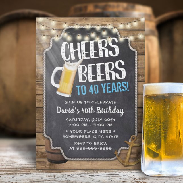 Cheers & Beers Rustic String Lights 40th Birthday Invitation (Creator Uploaded)