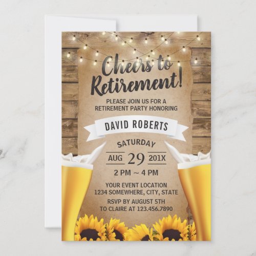 Cheers Beers Rustic Sunflowers Retirement Party Invitation