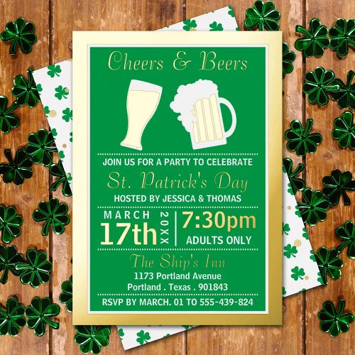 Cheers  Beers Shamrock St Patricks Day Party Foil Invitation