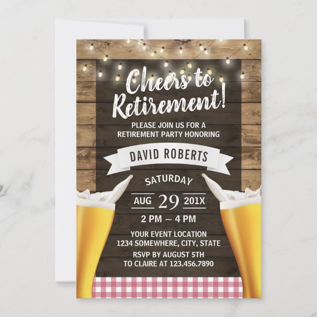 Cheers Beers String Lights Rustic Wood Retirement Invitation (Front)