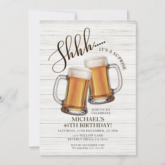 Cheers & Beers Surprise Adult 40th Birthday Party Invitation (Front)
