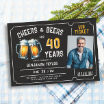 Cheers Beers Ticket Men Black 40th Birthday Photo Invitation<br><div class="desc">Looking for 40th birthday party ideas for men? These rustic birthday party invitations with a beer party theme, featuring an illustration of two beer mugs, the title "Cheers and Beers", a ticket frame and a photo template, are just the... ticket to celebrate your man in style. These 40th birthday party...</div>