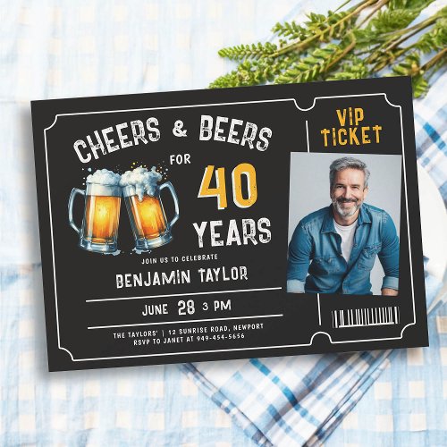 Cheers Beers Ticket Men Black 40th Birthday Photo Invitation