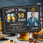 Cheers Beers Ticket Men Black 50th Birthday Photo Invitation<br><div class="desc">Looking for men's 50th birthday ideas? These rustic birthday party invitations with a beer party theme, featuring an illustration of two beer mugs, the title "Cheers and Beers", a ticket frame and a photo template, are just the... ticket to celebrate your man in style. These 50th birthday party invitations for...</div>
