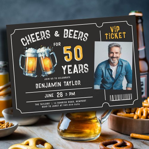 Cheers Beers Ticket Men Black 50th Birthday Photo Invitation