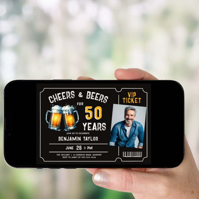 Cheers Beers Ticket Men Black 50th Birthday Photo Invitation (Front Digital)