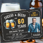 Cheers Beers Ticket Men Black 60th Birthday Photo Invitation<br><div class="desc">Looking for men's 60th birthday ideas for men? These rustic birthday party invitations with a beer party theme, featuring an illustration of two beer mugs, the title "Cheers and Beers", a ticket frame and a photo template, are just the... ticket to celebrate your man in style. These 60th birthday party...</div>