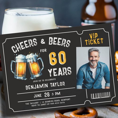Cheers Beers Ticket Men Black 60th Birthday Photo Invitation