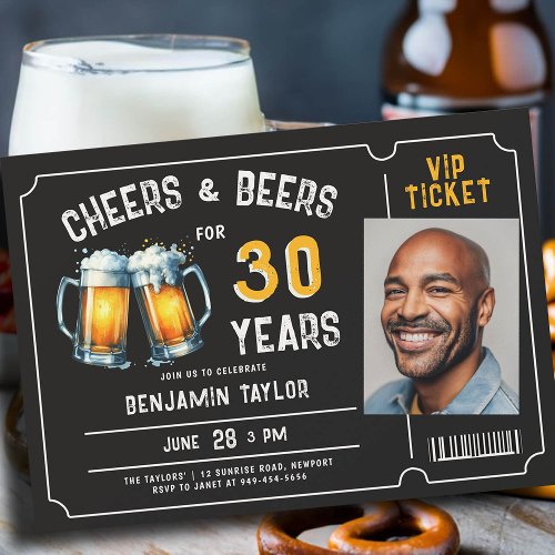 Cheers Beers Ticket Men Rustic 30th Birthday Photo Invitation