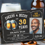 Cheers Beers Ticket Men Rustic 30th Birthday Photo Invitation<br><div class="desc">Looking for men's 30th birthday ideas for men? These rustic birthday party invitations with a beer party theme, featuring an illustration of two beer mugs, the title "Cheers and Beers", a ticket frame and a photo template, are just the... ticket to celebrate your man in style. These 30th birthday party...</div>