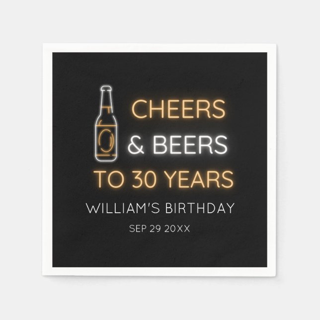 Cheers & Beers to 30 Years Neon Sign Birthday Napkins (Front)