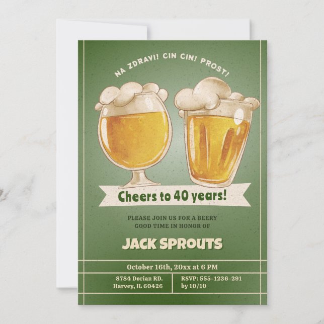 Cheers Beers to 40 Years Mens Adult Birthday Party Invitation (Front)