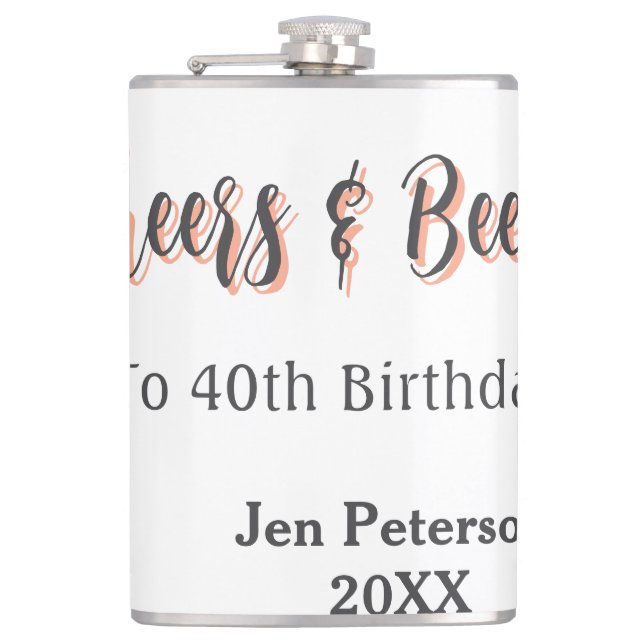 Cheers & beers to 40th birthday gray name year sin flask (Front)