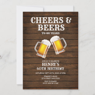 Cheers & Beers To 60 Years Rustic Wood Birthday Invitation