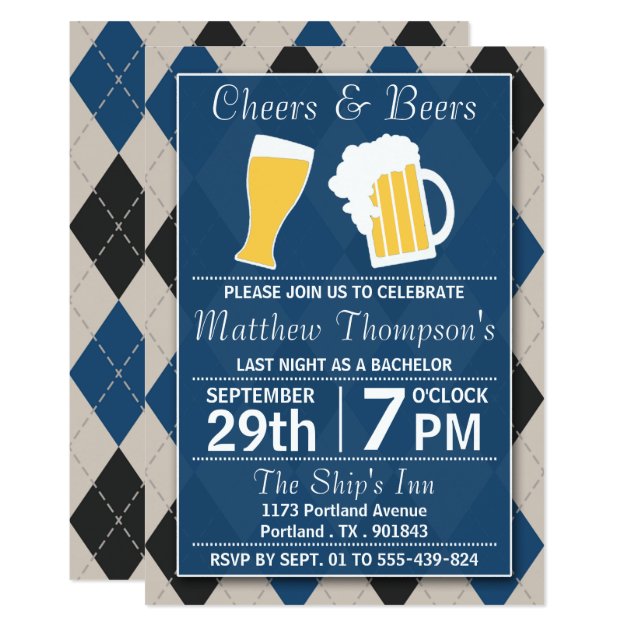 Cheers & Beers Trendy Blue Bachelor Party Invitation