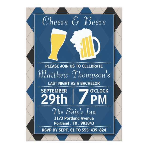 Cheers & Beers Trendy Blue Bachelor Party Invitation