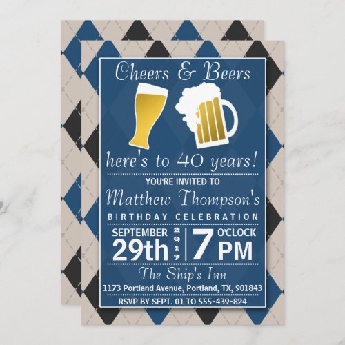 Cheers  Beers Trendy Blue Birthday Party Invitation