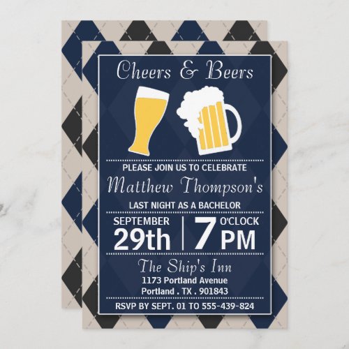 Cheers  Beers Trendy Navy Bachelor Party Invitation