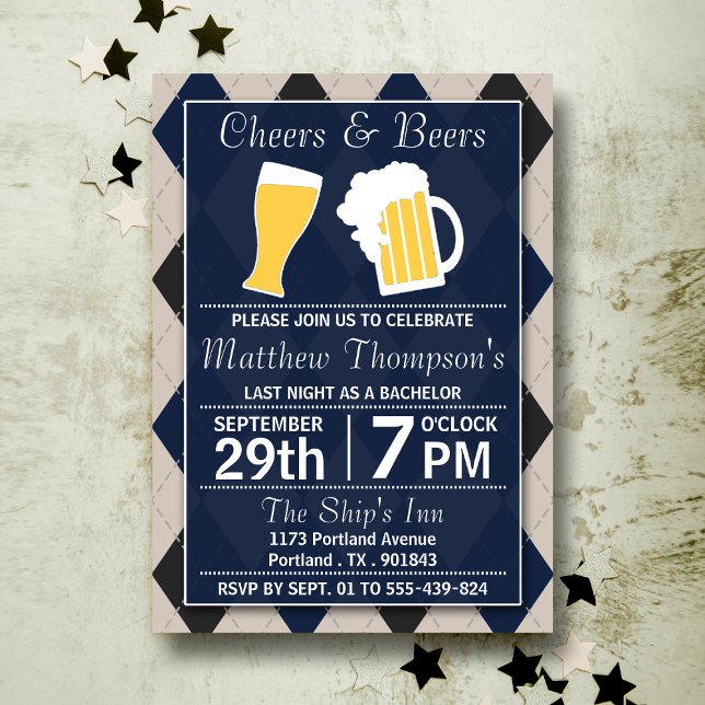 Cheers & Beers Trendy Navy Bachelor Party Invitation (Creator Uploaded)