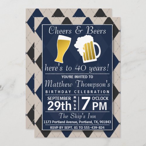 Cheers  Beers Trendy Navy Birthday Party Invitation