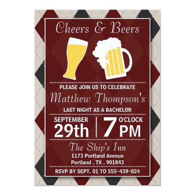 Cheers & Beers Trendy Red Bachelor Party Invitation