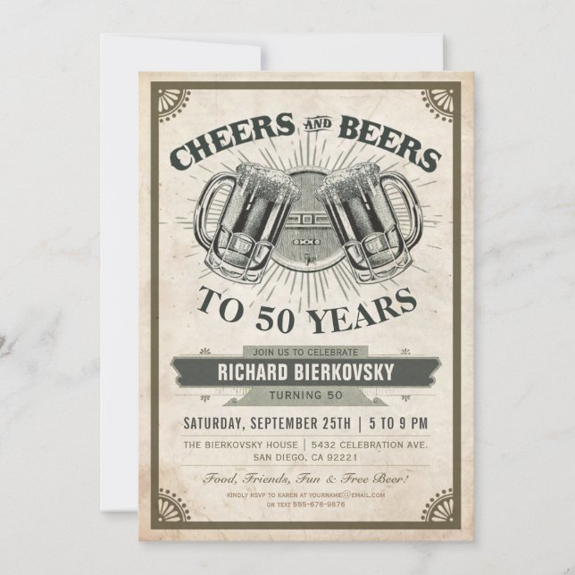 Cheers & Beers Vintage Birthday Party Invitation (Front)