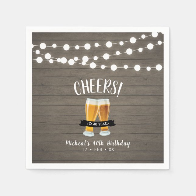 Cheers Beers | Wood Adult 40th Birthday Party Napkins (Front)