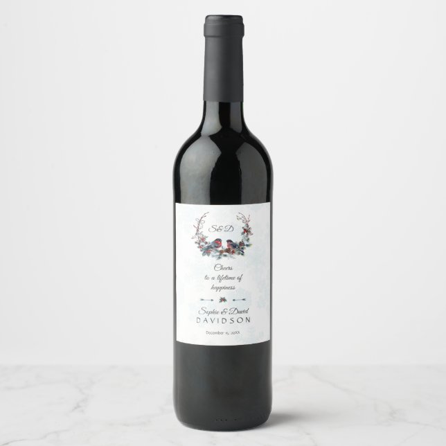 Cheers Berries Bullfinch Winter Wreath Wedding Wine Label (Front)