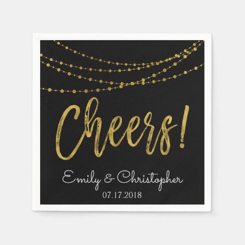 Cheers Black and Gold Foil String Lights Paper Napkins