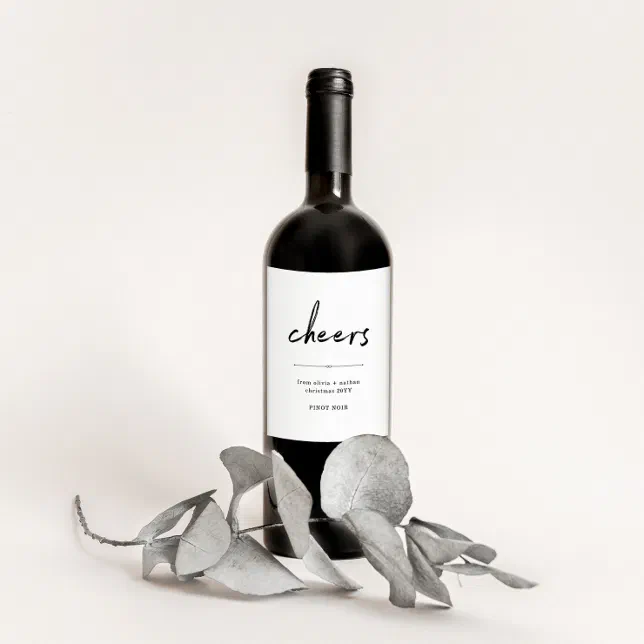 Cheers | Black and White Modern Minimalist Wine Label | Zazzle