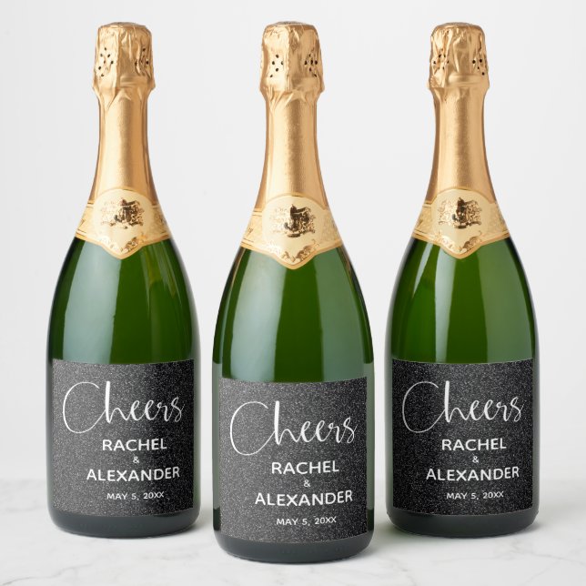 CHEERS Black Glitter Wedding Sparkling Wine Labels (Bottles)