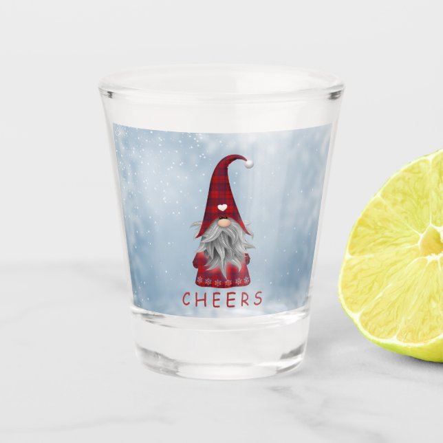 CHEERS | Black & Red Plaid Holiday Elf Shot Glass (Front)