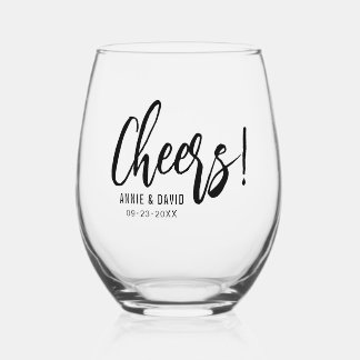 Cheers black script typography wedding stemless wine glass