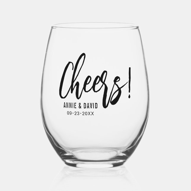 Cheers black script typography wedding stemless wine glass (Front)