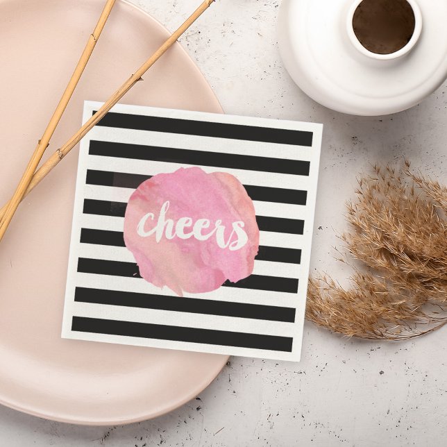 Cheers Black Stripe & Pink Watercolor Paper Napkins (Creator Uploaded)