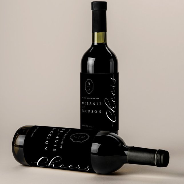 Cheers Black & White Personalized Monogram Crest Wine Label (Creator Uploaded)